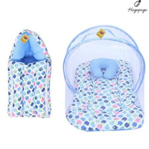HOGOPOGO Cotton Baby Mattress & Sleeping Bag Set | Blue Apple Print | 0–6 Months