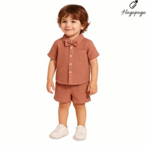 HOGOPOGO 100% Linen Shirt & Pant Co-ord Set for Kids | Elegant & Comfortable Summer Wear | Stylish Short-Sleeve Shirt with Bow & Comfy Shorts