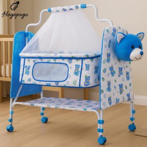 HOGOPOGO Premium Jumbo Baby Cradle New Born Baby Sleep Swing Cradle/Mattress & Wheels and Cradle for 0-13 Months Baby Boys and Girls (Blue) (Blue)