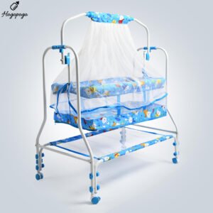 HOGOPOGO Premium Baby Cradle Jhula | Palna | Bed | Ghodiyu | Baggi with Mosquito Net, Lockable Wheels & Storage Basket | For 0–13 Months | Boys & Girls | Blue