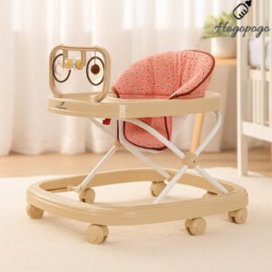 HOGOPOGO 360° Baby Walker for 6-18 Months | 5-Height Adjustable Activity Walker with Cushioned Seat, Meal Tray & Toy Bar | Foldable & Lightweight Walker for Boys & Girls (Beige)