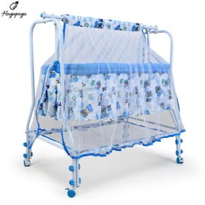 HOGOPOGO Premium Sturdy & Safe Baby Cradle Jhula | Palna | Bed | Ghodiyu | Baggi | Baby Bedding with Mosquito Net with Four Wheels & Lock | Storage | for 0-13 Months Baby | Boys & Girls | White Blue