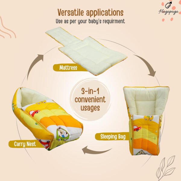 HOGOPOGO 3 in 1 Baby Bed, Sleeping Bag & Carry Nest | Cotton Baby Bedding for Newborn & Infant | Portable Bassinet | 0M+ | Cars Print | Multicolour