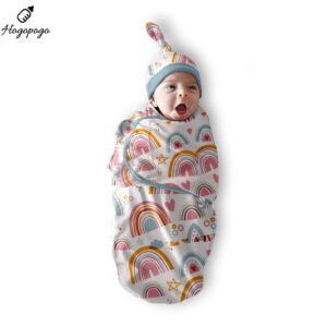HOGOPOGO Newborn Cotton Swaddle Wrap with Cap | Rainbow Print | 0–6M | Velcro Fit