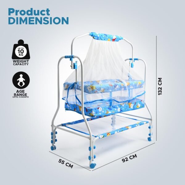 HOGOPOGO Premium Baby Cradle Jhula | Palna | Bed | Ghodiyu | Baggi with Mosquito Net, Lockable Wheels & Storage Basket | For 0–13 Months | Boys & Girls | Blue