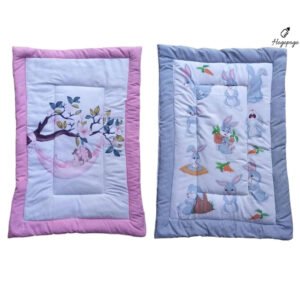 HOGOPOGO Combo Newborn Baby Pom Pom Cotton Baby Bed | Godari | Cradle Bed | Crib Sheet | Changing Mat | Baby Godadi | Bedding Set | Mattress | Pack of 2 – Bird & Rabbit Print