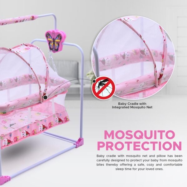 HOGOPOGO Premium Baby Cradle Jhula | Palna | Ghodiyu | Baggi | Baby Bed | Mosquito Net | Wheels | 0-13 Months Boys & Girls | Butterfly Character | Pink
