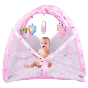 HOGOPOGO Baby Play Gym with Hanging Toys & Mosquito Net – Pink Mat (0–6M, Cotton)
