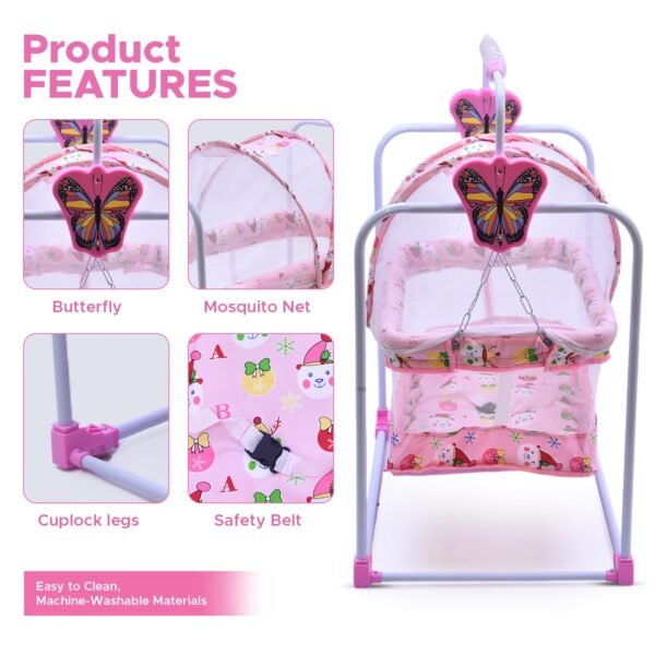 HOGOPOGO Premium Baby Cradle Jhula | Palna | Ghodiyu | Baggi | Baby Bed | Mosquito Net | Wheels | 0-13 Months Boys & Girls | Butterfly Character | Pink