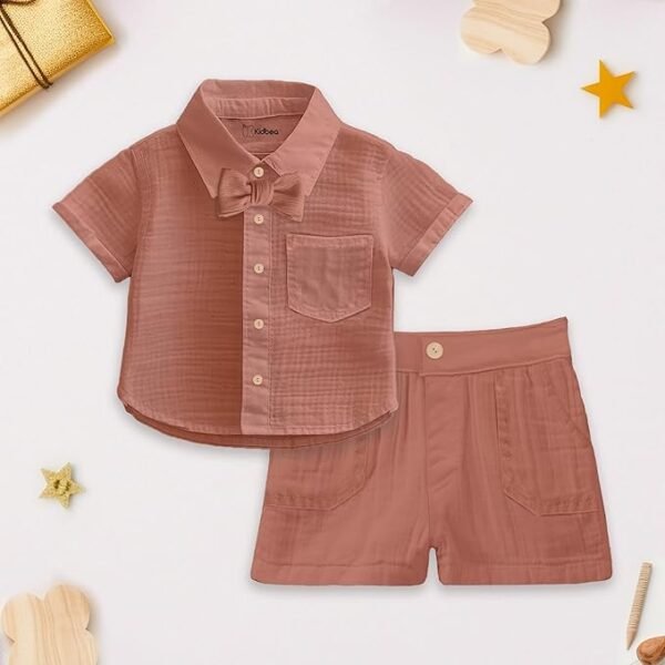 HOGOPOGO 100% Linen Shirt & Pant Co-ord Set for Kids | Elegant & Comfortable Summer Wear | Stylish Short-Sleeve Shirt with Bow & Comfy Shorts
