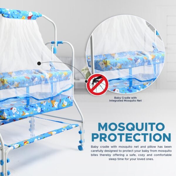 HOGOPOGO Premium Baby Cradle Jhula | Palna | Bed | Ghodiyu | Baggi with Mosquito Net, Lockable Wheels & Storage Basket | For 0–13 Months | Boys & Girls | Blue