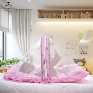 HOGOPOGO Baby Mosquito Net with Cotton Bed | 0–12M | Pink | Foldable & Soft