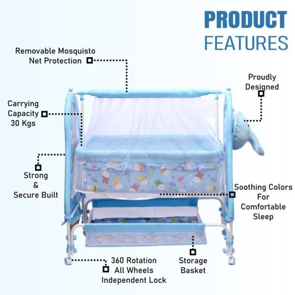 HOGOPOGO Premium Jumbo Baby Cradle New Born Baby Sleep Swing Cradle/Mattress & Wheels and Cradle for 0-13 Months Baby Boys and Girls (Blue) (Blue)