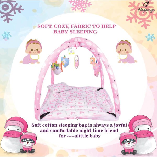 HOGOPOGO Baby Play Gym with Hanging Toys & Mosquito Net – Pink Mat (0–6M, Cotton)