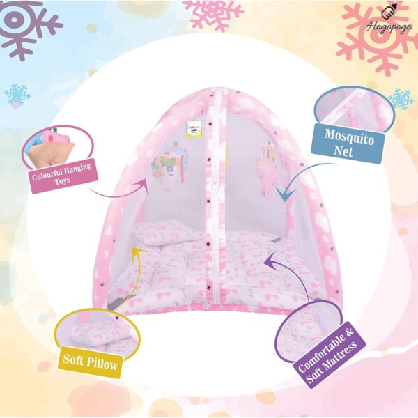 HOGOPOGO Baby Play Gym with Hanging Toys & Mosquito Net – Pink Mat (0–6M, Cotton)