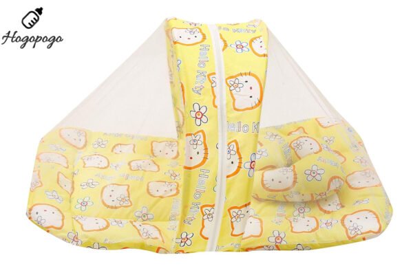 HOGOPOGO Baby Soft Mattress with Mosquito Net | 0–6 Months | Yellow | Foldable Bed