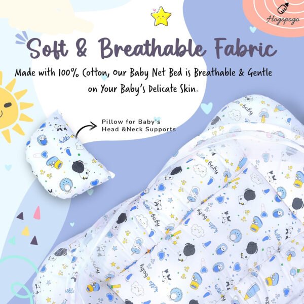 HOGOPOGO Mini Cotton Baby Bedding Set – Panda Blue | Sleeping Bag & Net | 0–6M, 500 TC