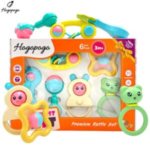 HOGOPOGO 6 Pcs Premium Non-Toxic Rattle & Teether Gift Set for Babies | Soft Sound Toys for Newborns | BPA-Free Safe Plastic | Ideal for Baby Shower, 1-3-6-9-12 Months Infants | Colorful & Easy to Grip