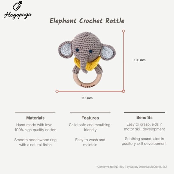 HOGOPOGO Newborn Gift Box 0–12M – Crochet Rattle & Wooden Teether Set | Elephant Theme