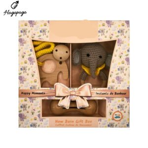 HOGOPOGO Newborn Gift Box 0–12M – Crochet Rattle & Wooden Teether Set | Elephant Theme
