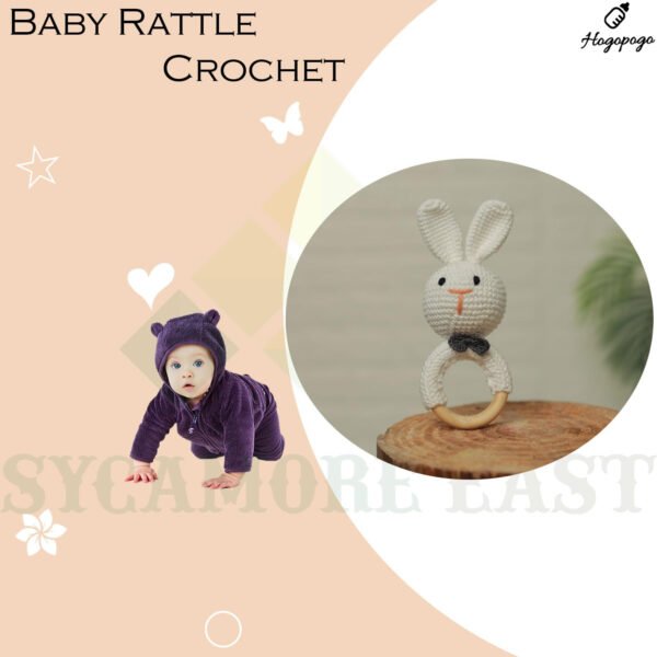 HOGOPOGO Baby Rattle for Newborn – Crochet Bunny Toy | Natural Wool & Wood | 1 PC