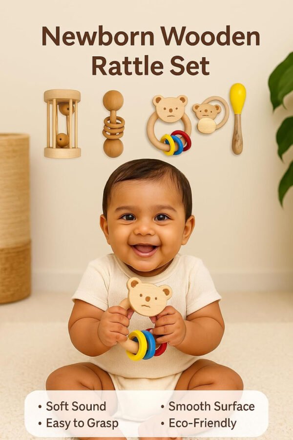 HOGOPOGO Wooden Rattle Toy Combo (6–36M) – Maracas, Egg Shaker | Montessori Sound Set