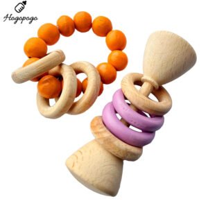 HOGOPOGO Set of 2 Wooden Rattles – Dumbbell & Ring | Baby Toy 0–12M | Shower Gift Set
