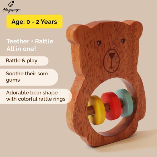 HOGOPOGO Wooden Bear Rattle (6M+) – Organic Teething Toy | Non-Toxic & Safe