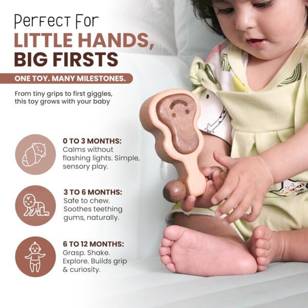 HOGOPOGO 100% Natural Wooden Teether Rattle 0–12M – Montessori Baby Toy