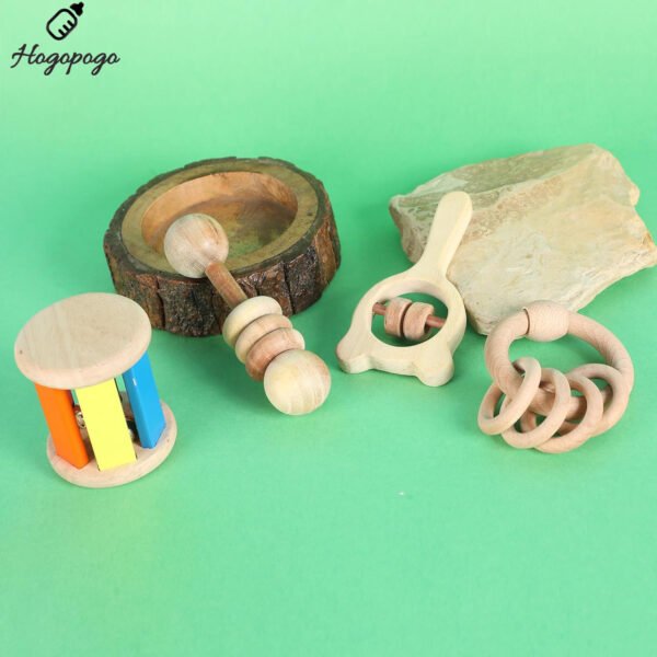 HOGOPOGO Babbles Wooden Rattle Set (0–12M) – Ring, Dumbbell, Roller, Mickey | Baby Gift
