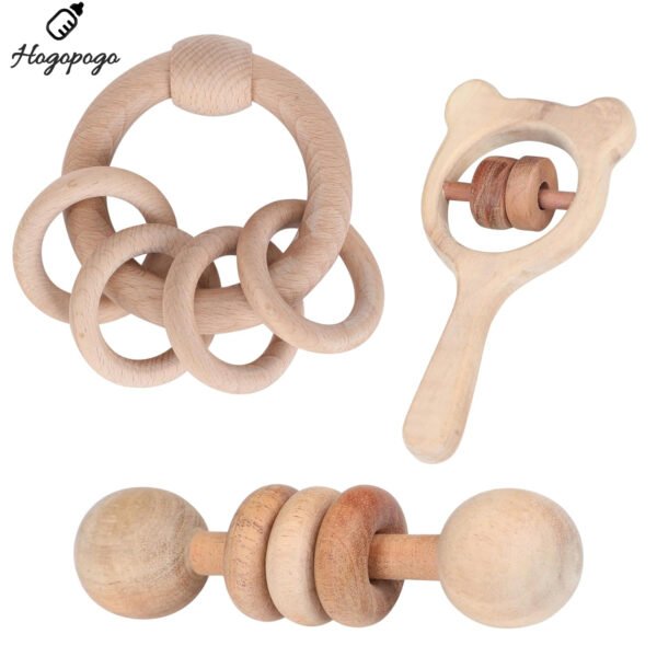 HOGOPOGO Wooden Rattle Set for Babies (0–12M) – Ring, Dumbbell, Mickey | Baby Gift Set