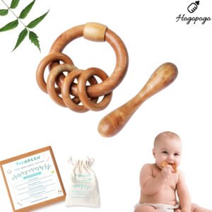 HOGOPOGO Neem Wood Teether Combo (Pack of 2) – 1 Rattle + 1 Dumbbell | Organic & Safe
