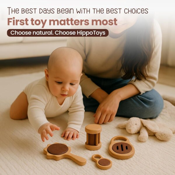 HOGOPOGO Wooden Baby Rattle Set (0–12 Months) – Natural, Non-Toxic, Safe by HippoToys