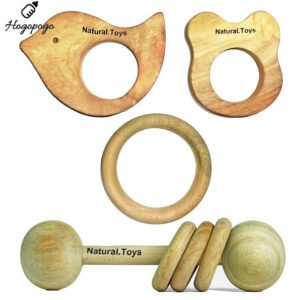 HOGOPOGO Neem Wood Teether Combo – 4 Pcs | Rattle + Mouse + Bird + Ring