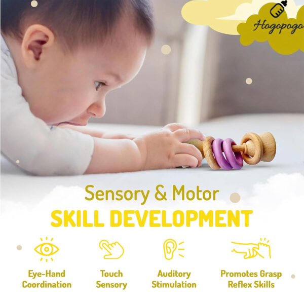 HOGOPOGO Set of 2 Wooden Rattles – Dumbbell & Ring | Baby Toy 0–12M | Shower Gift Set