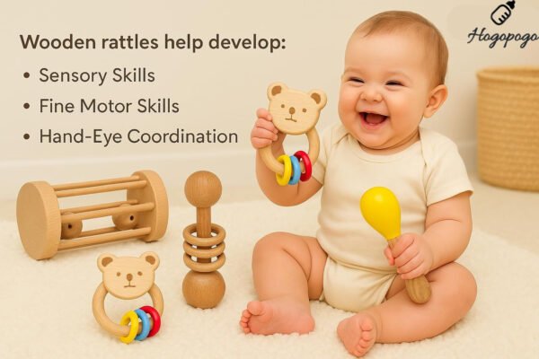 HOGOPOGO Wooden Rattle Toy Combo (6–36M) – Maracas, Egg Shaker | Montessori Sound Set