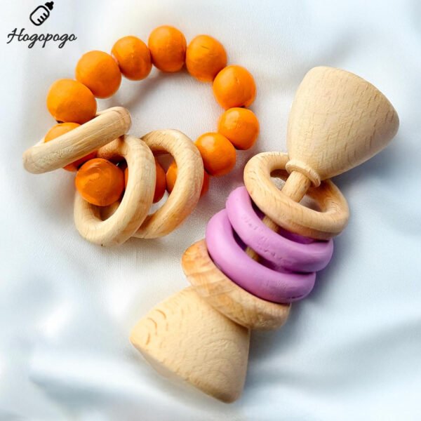 HOGOPOGO Set of 2 Wooden Rattles – Dumbbell & Ring | Baby Toy 0–12M | Shower Gift Set