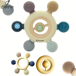 HOGOPOGO 2-in-1 Teething Toy – Silicone & Neem Wood | 3–12M | Made in India (Blue)