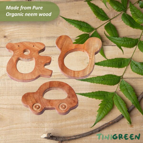 HOGOPOGO Neem Wood Teether Combo – Car, Mickey & Teddy Shape (Pack of 3) | Baby-Safe
