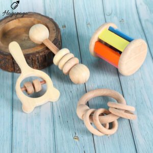 HOGOPOGO Babbles Wooden Rattle Set (0–12M) – Ring, Dumbbell, Roller, Mickey | Baby Gift