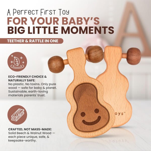 HOGOPOGO 100% Natural Wooden Teether Rattle 0–12M – Montessori Baby Toy