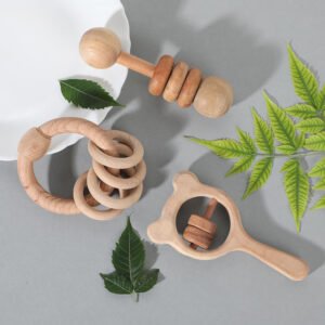 HOGOPOGO Wooden Rattle Set for Babies (0–12M) – Ring, Dumbbell, Mickey | Baby Gift Set