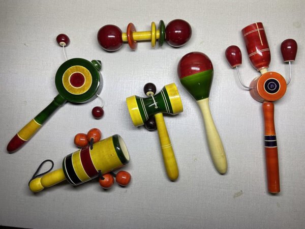 HOGOPOGO Wooden Baby Rattles Combo Pack Set of 6, Non Toxic Channapatna Toys - Baby Musical Toys, Teether, Natural Colours, Loud Sound for New Born, Baby, Infants.